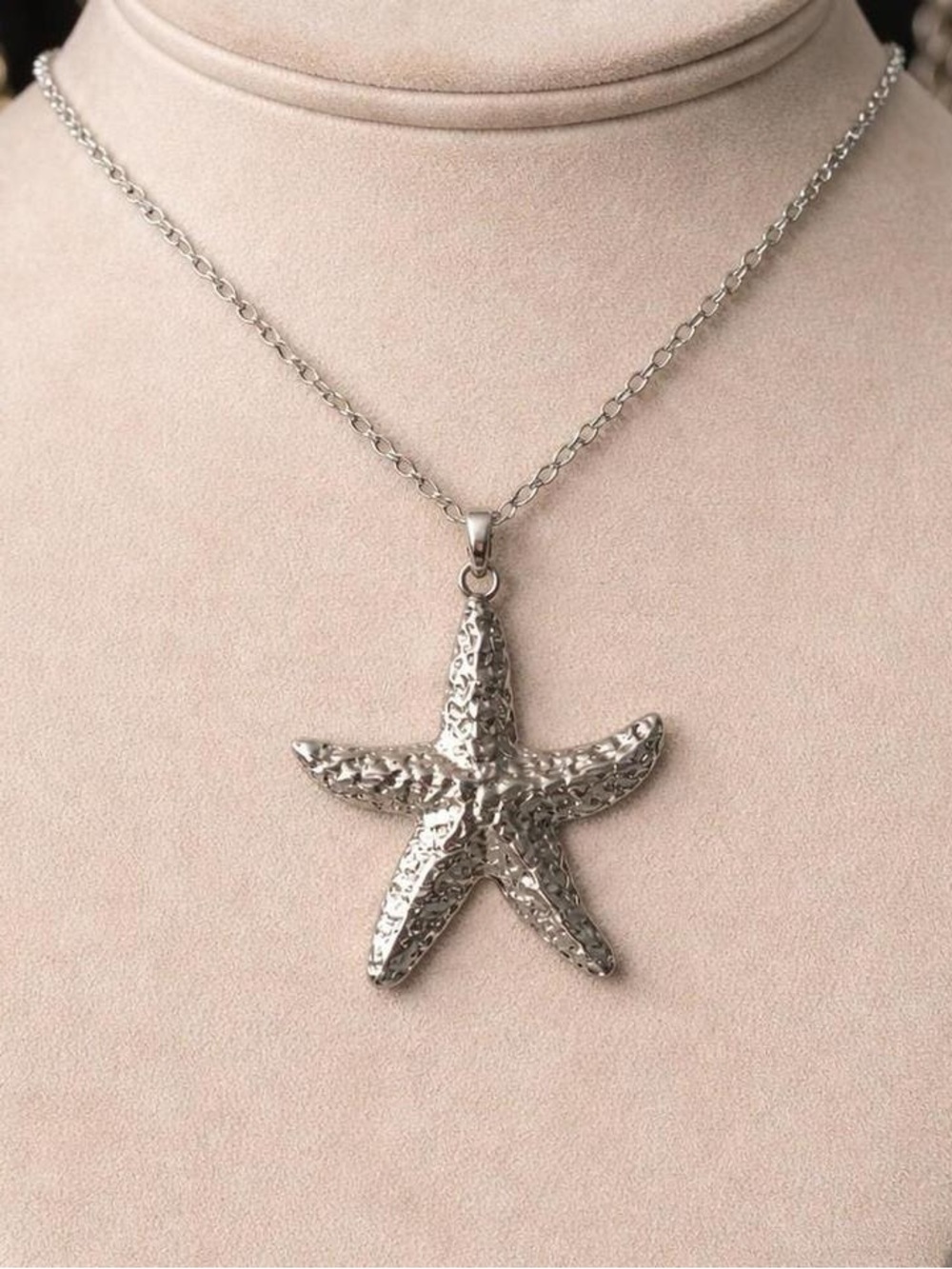 Textured Starfish Pendant Necklace - Silver Color